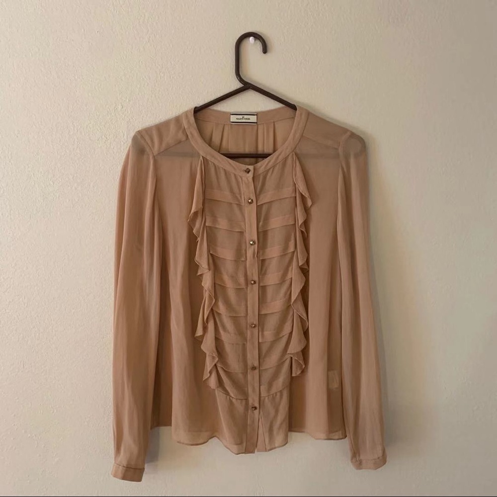 Tan Ruffle Silk Button Down Shirt